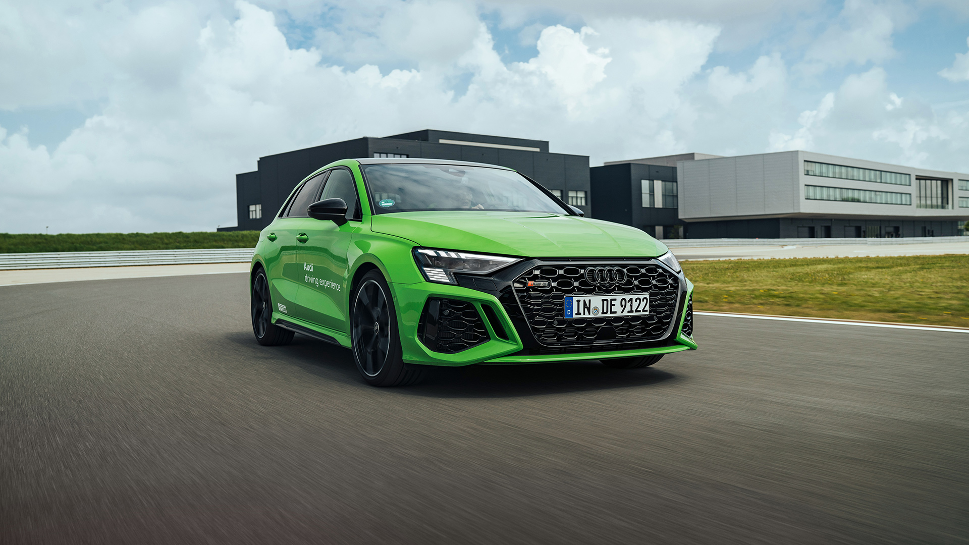 Light green Audi RS 3 Sportback on race track in Neuburg