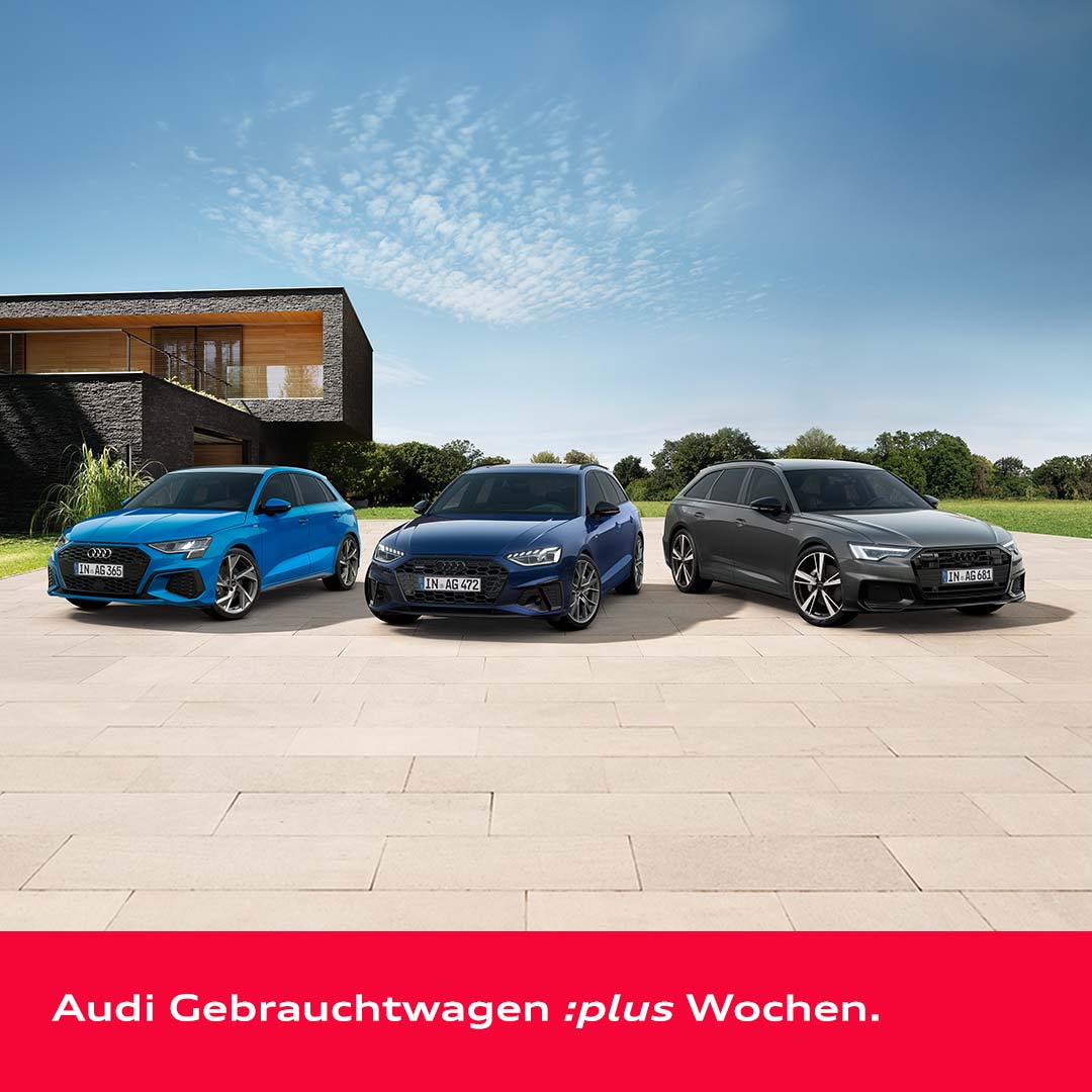 Ein Audi A3, Audi A4 und Audi A6 stehen vor einem Haus